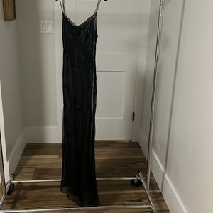 Vintage tahari gown, prom dress, maxi, long grey slip with black beaded lining.